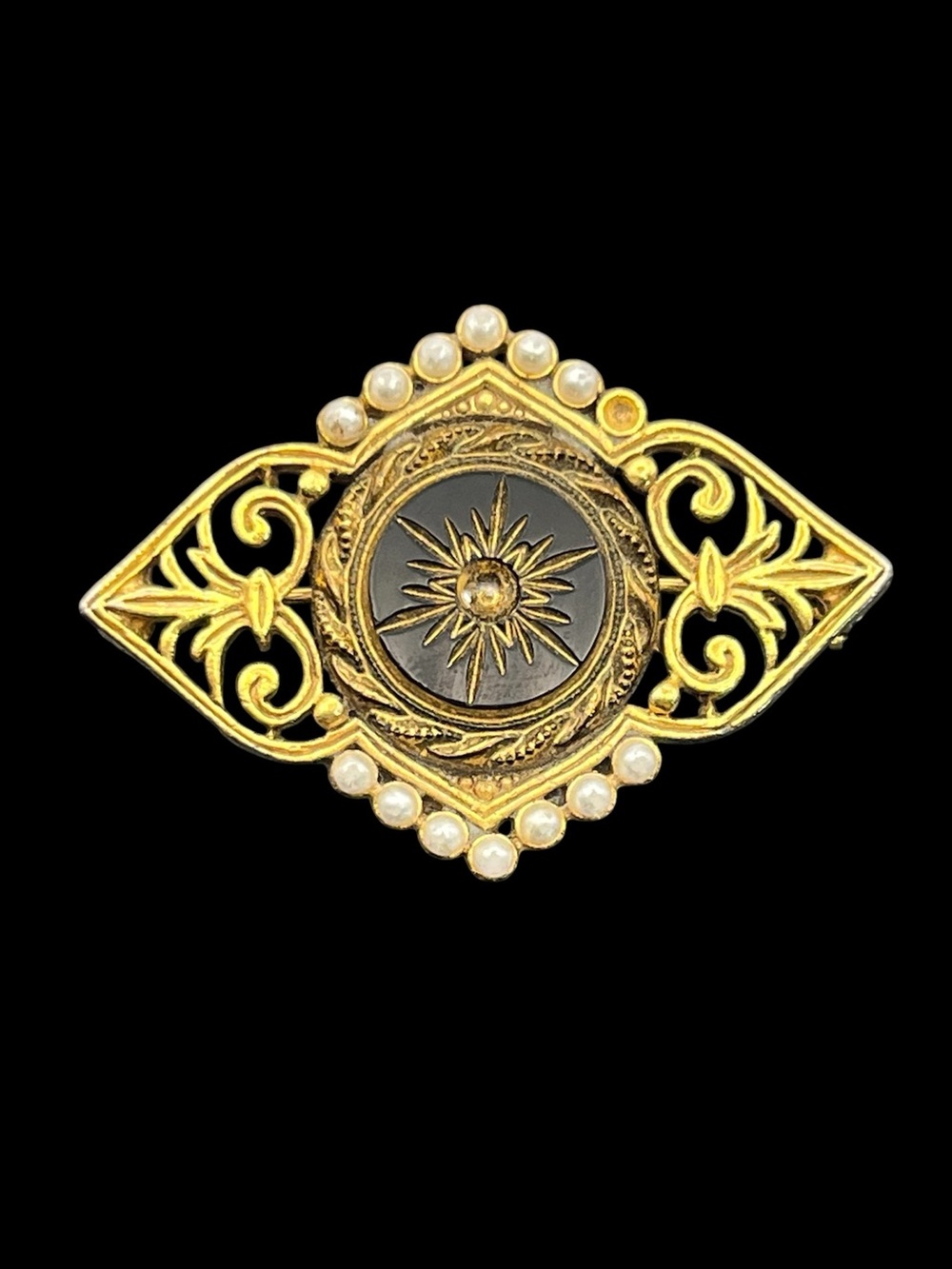 Victorian style faux pearl gold tone black stone filigree brooch pin vintage